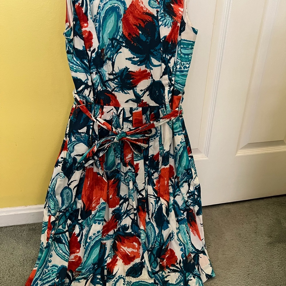 Talbots Floral Asymmetrical Dress in Teal, Red, White